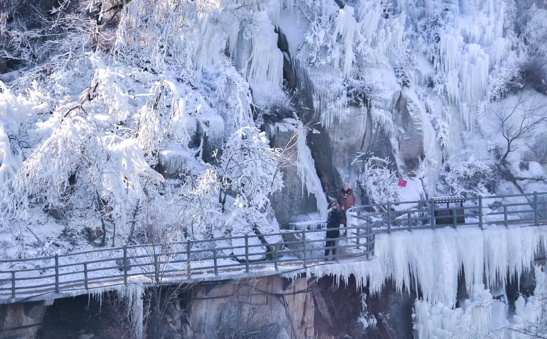 冰雪奇观临沂天蒙山巅出现百米冰挂奇景