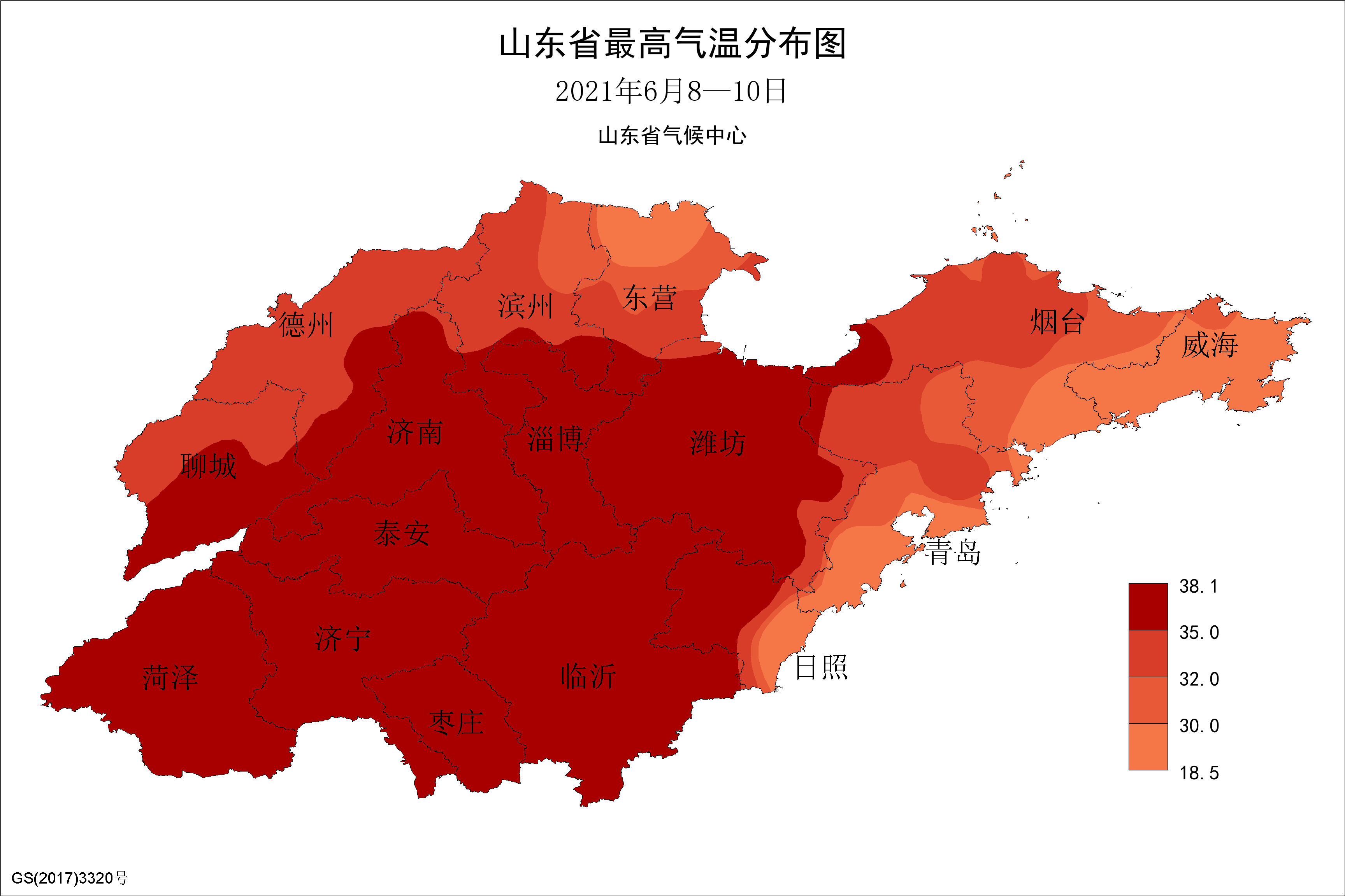 2021年6月8—10日山东省最高气温分布图(℃)