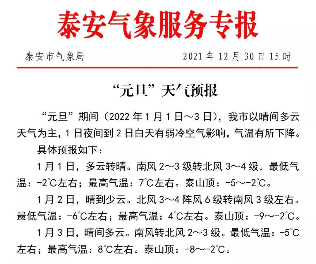 齐鲁网·闪电新闻12月31日讯泰安市气象局发布泰安"元旦"天气预报.