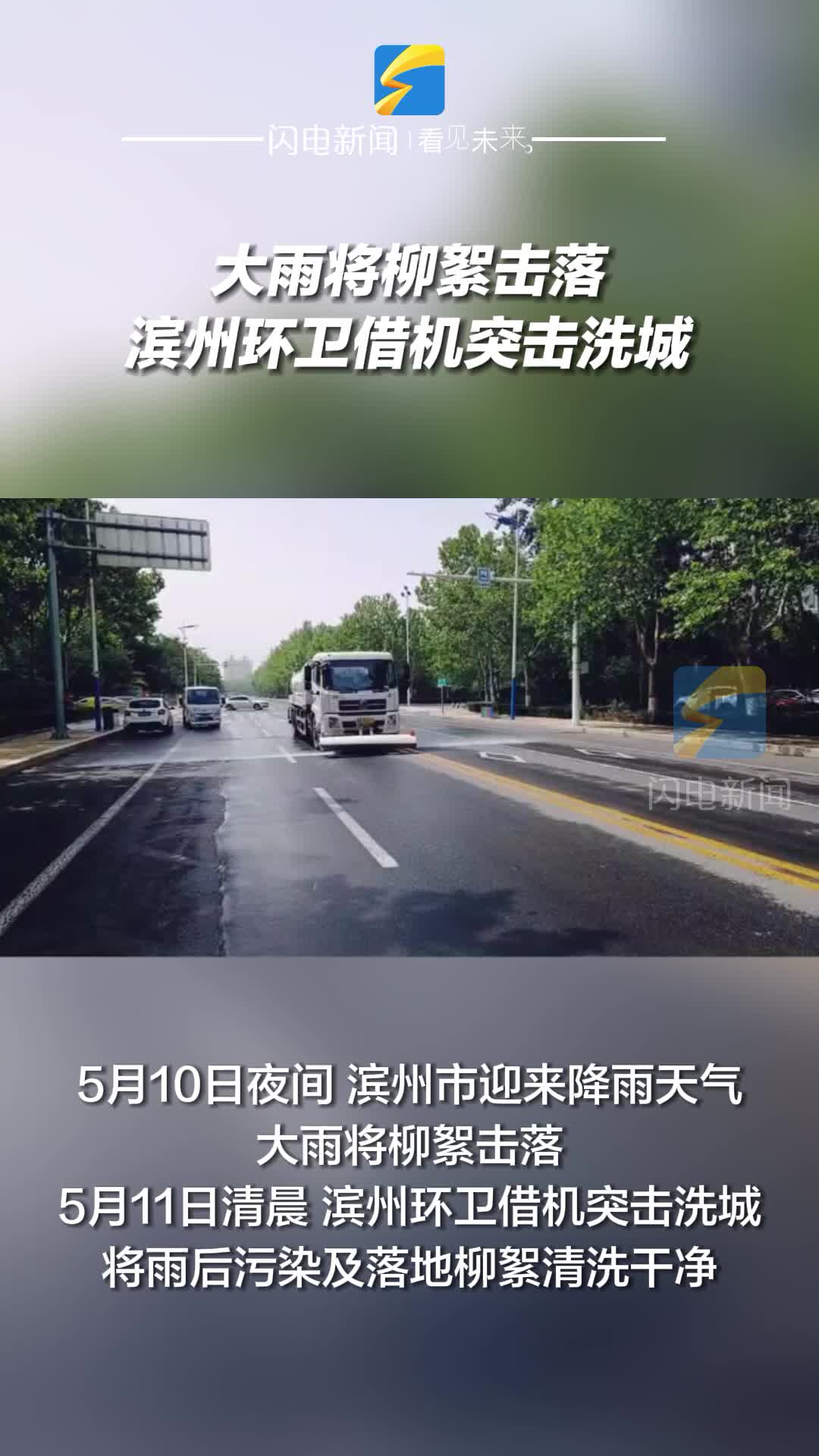大雨將柳絮擊落 濱州環衛借機突擊洗城