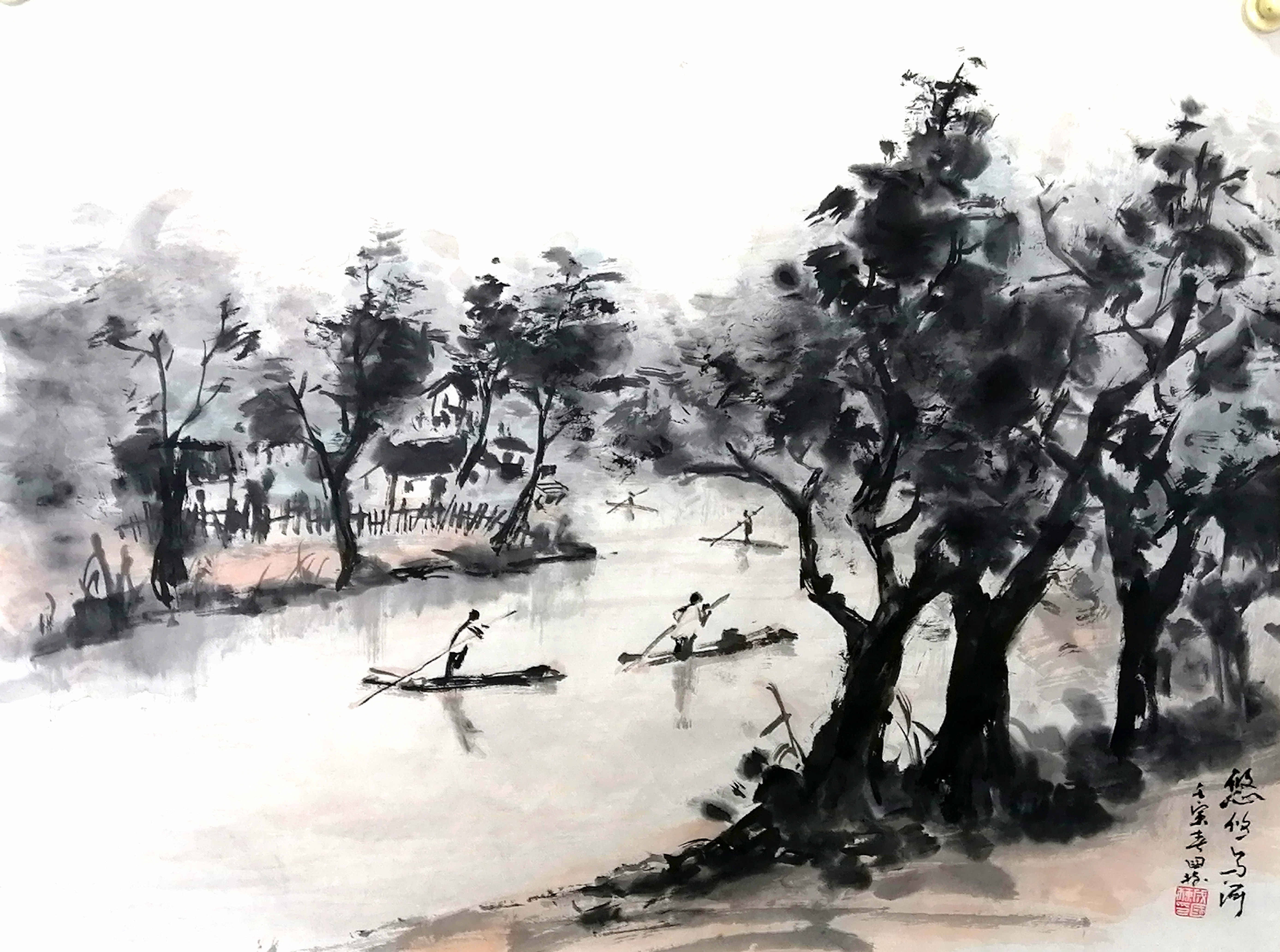 原创水墨画美丽河湖淡墨乡愁湖区风情二