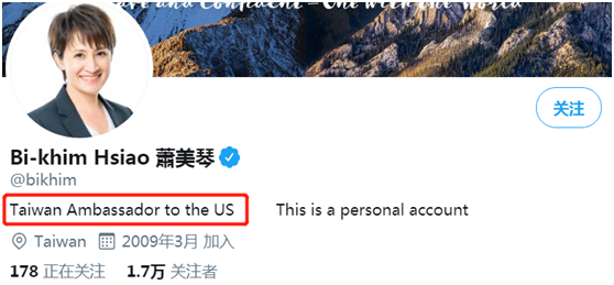 萧美琴推特将简介改为“台湾驻美大使”