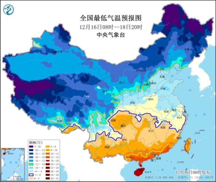 全國(guó)最低氣溫預(yù)報(bào)圖(12月16日8時(shí)-18日20時(shí))
