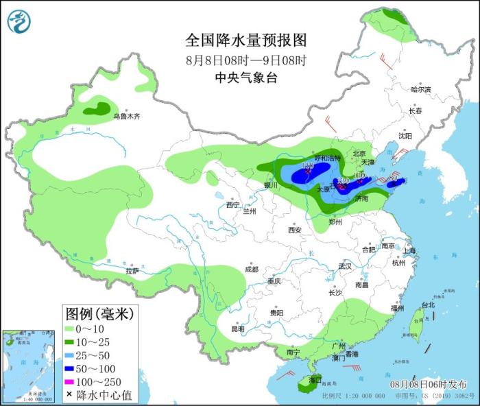 全国降水量预报图(8月8日08时-9日08时)