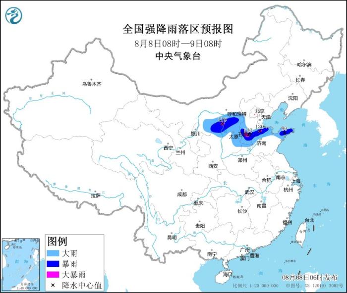 全国强降雨落区预报图(8月8日08时-9日08时)