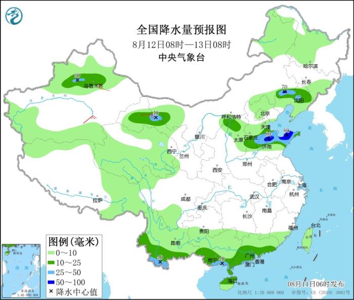 全国降水量预报图(8月12日08时-13日08时)