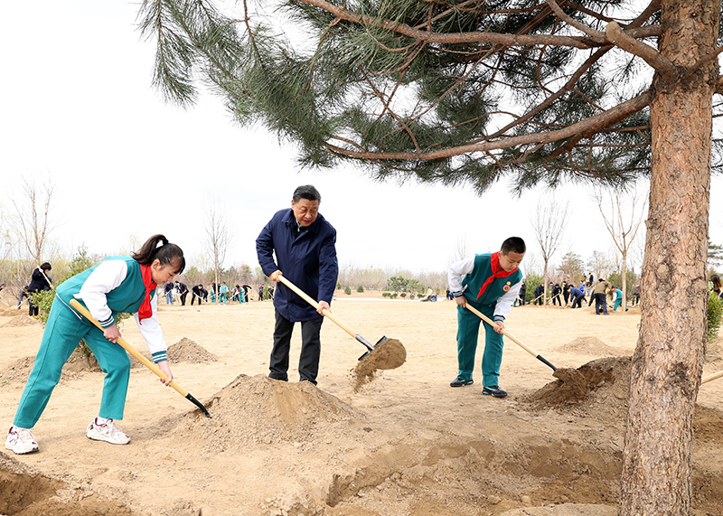 2022年3月30日，習(xí)近平等黨和國家領(lǐng)導(dǎo)人來到北京市大興區(qū)黃村鎮(zhèn)參加首都義務(wù)植樹活動(dòng)。這是習(xí)近平同大家一起植樹。