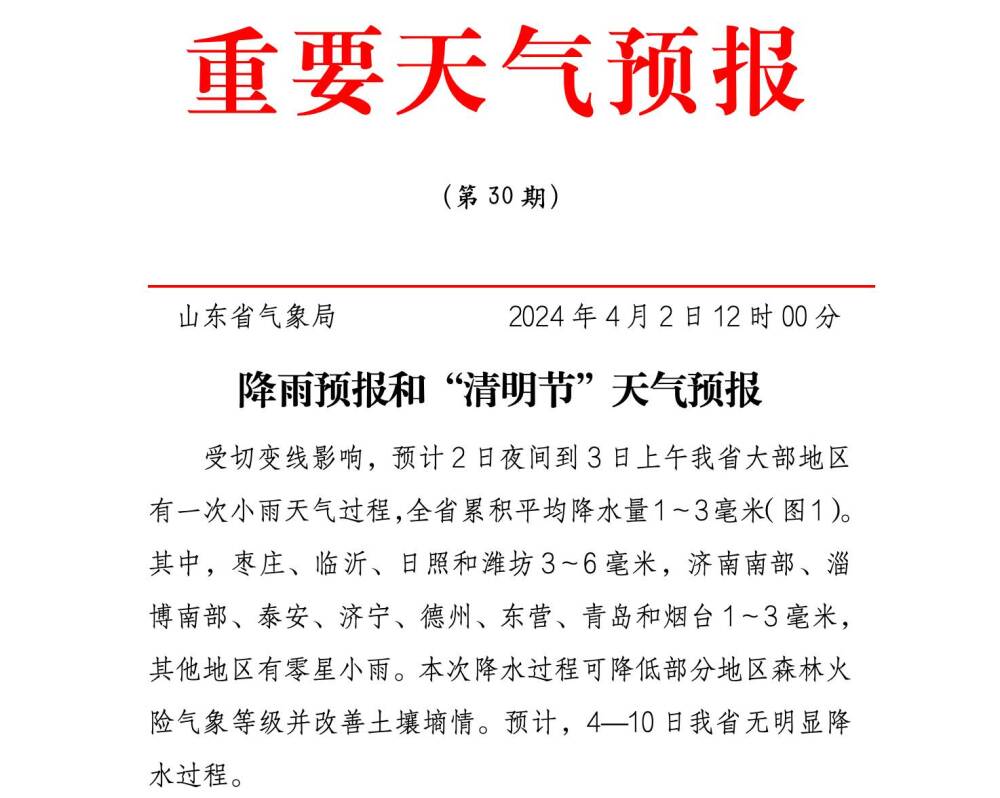 山东大部地区今夜起有小雨 “清明节”期间天气晴好气温回升