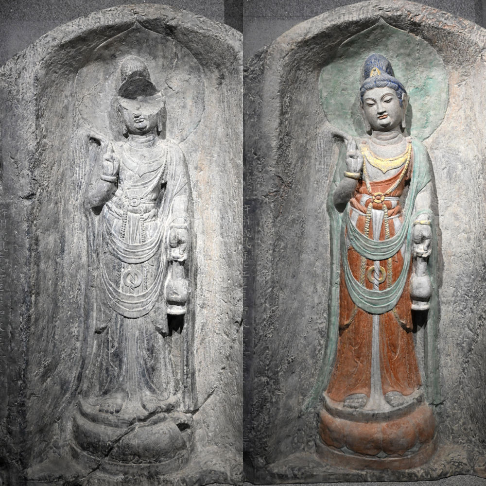 左圖為龍門石窟萬佛洞窟前南壁菩薩造像的3D打印模型；右圖為利用數(shù)字化技術(shù)復(fù)原后的3D打印模型（2025年4月10日攝，拼版照片）。復(fù)原后的像龕精妙絕倫，栩栩如生，被游客譽為“龍門最美菩薩”。圖片來源新華社