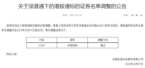 深交所：港股通标的证券名单发生调整 调出中国地利
