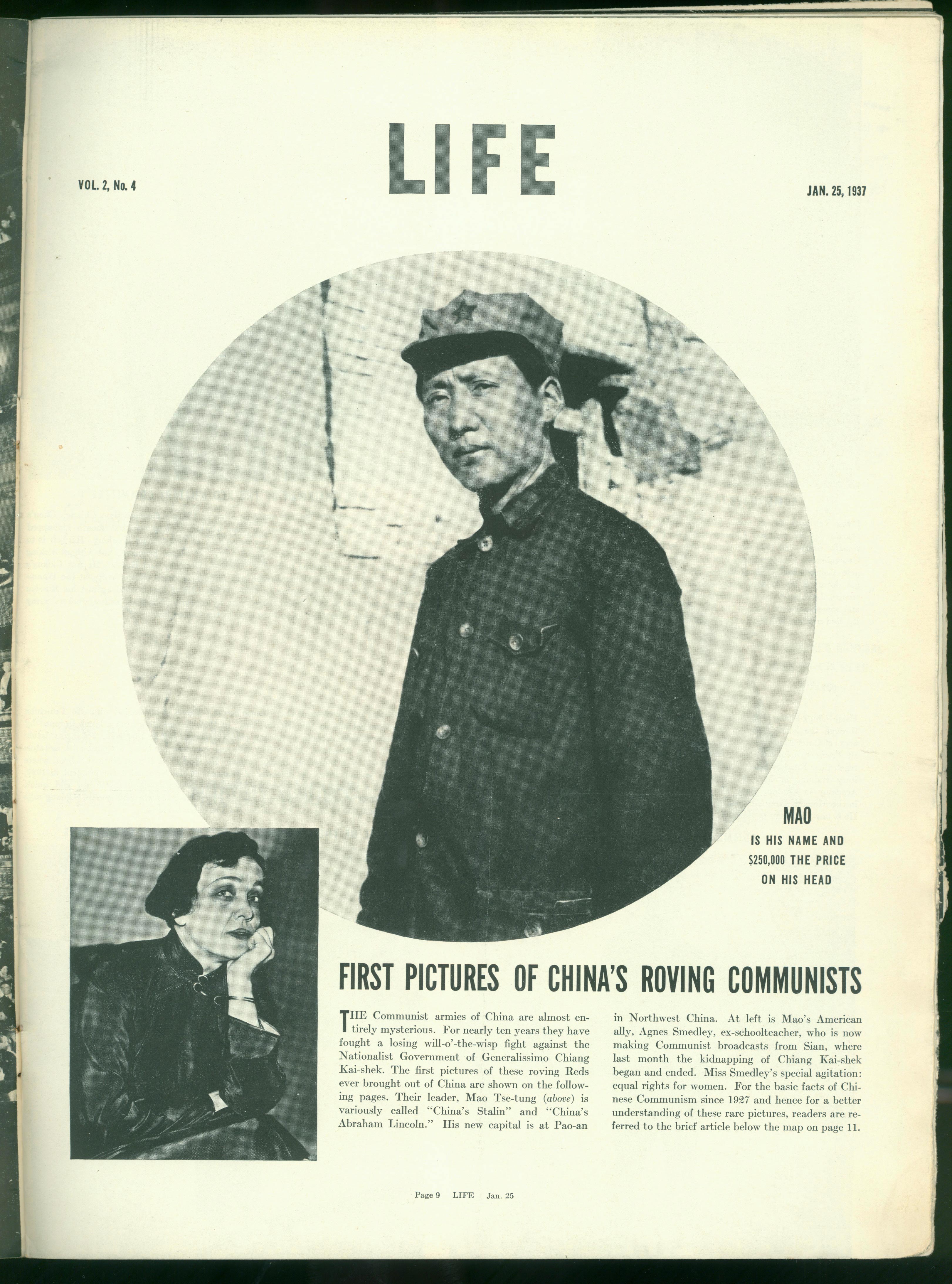 1937年1月25日，美國《生活》周刊刊登毛澤東照片，照片右下方寫著一行字：“毛，這是他的名字，他的人頭價值25萬元。”