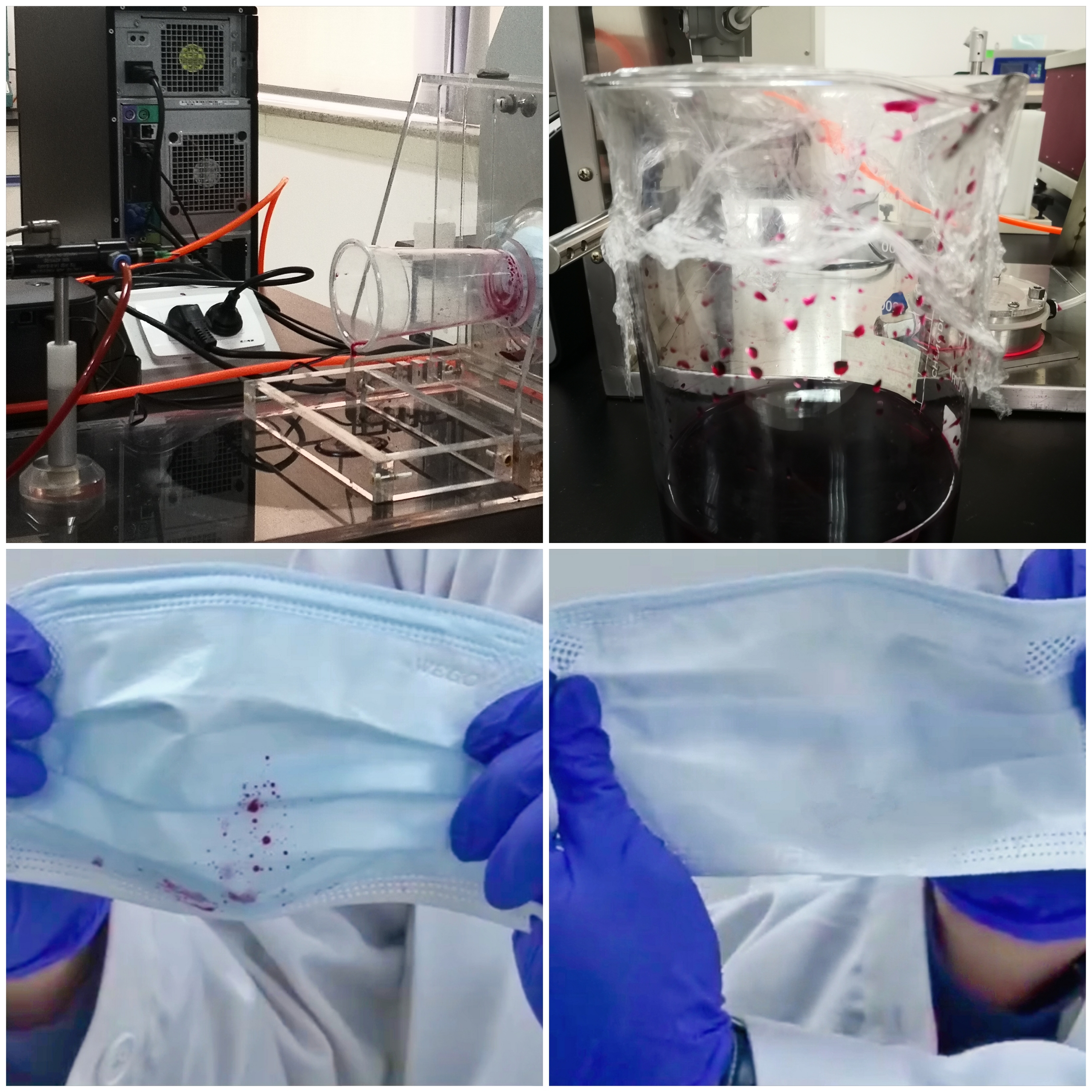 这个实验叫合成血液穿透实验,是模拟血液不小心溅到口罩上的场景.