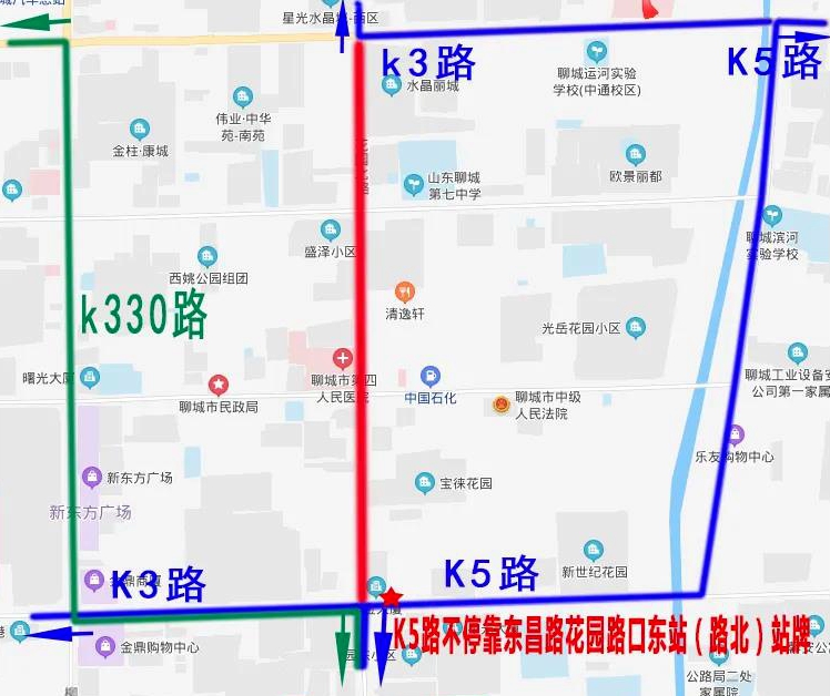 聊城民生k3路 原路线:聊城一中新校-湖南路-柳园路-东昌路-花园