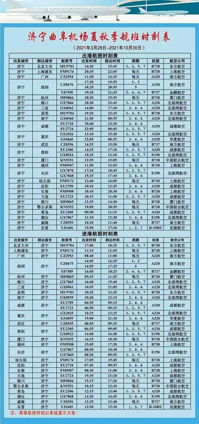 3月28日起,济宁机场将执行全国民航2021年夏秋航季航班计划