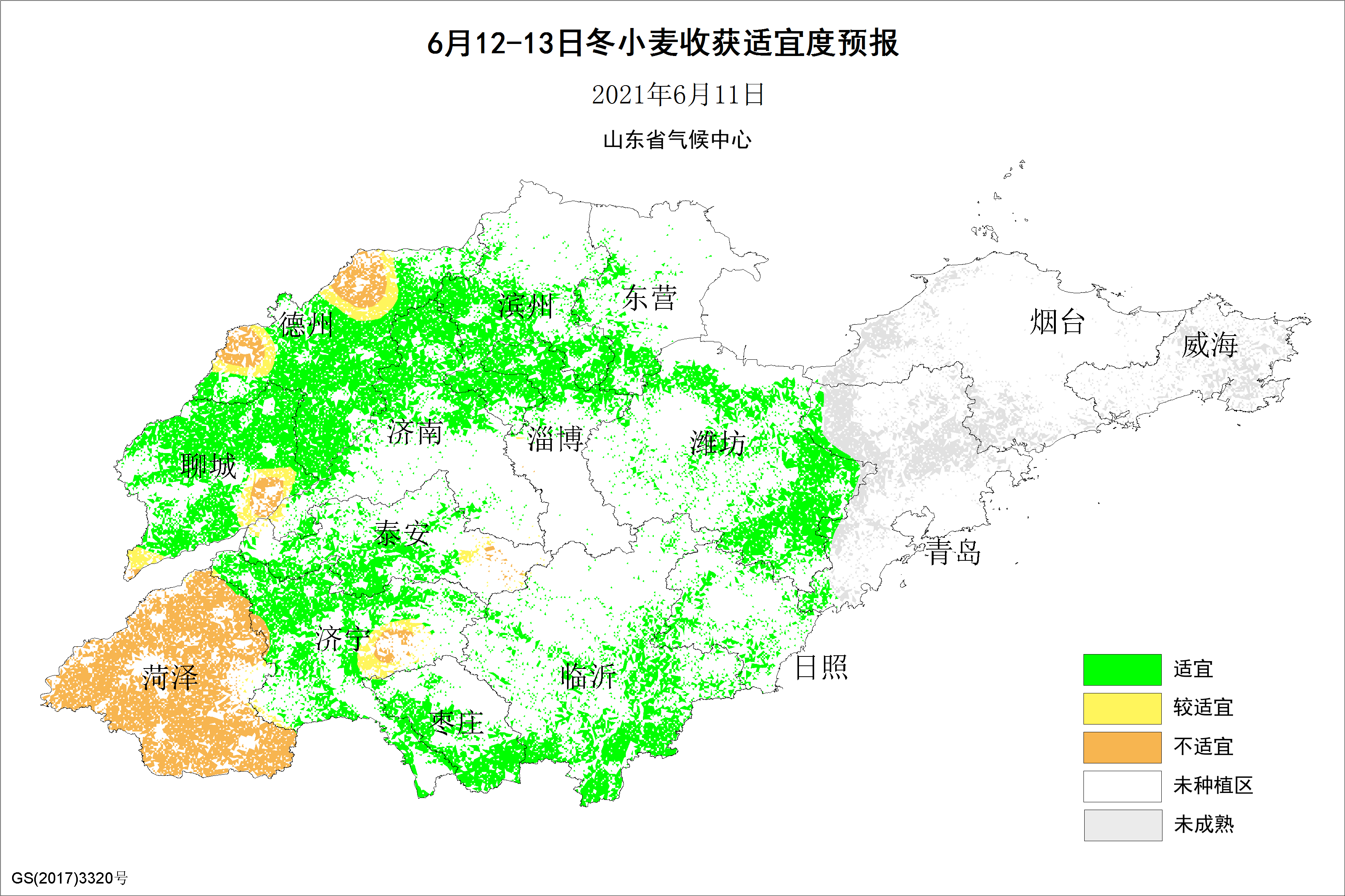 2021年6月12—13日山東省小麥收穫期適宜度預測分佈圖