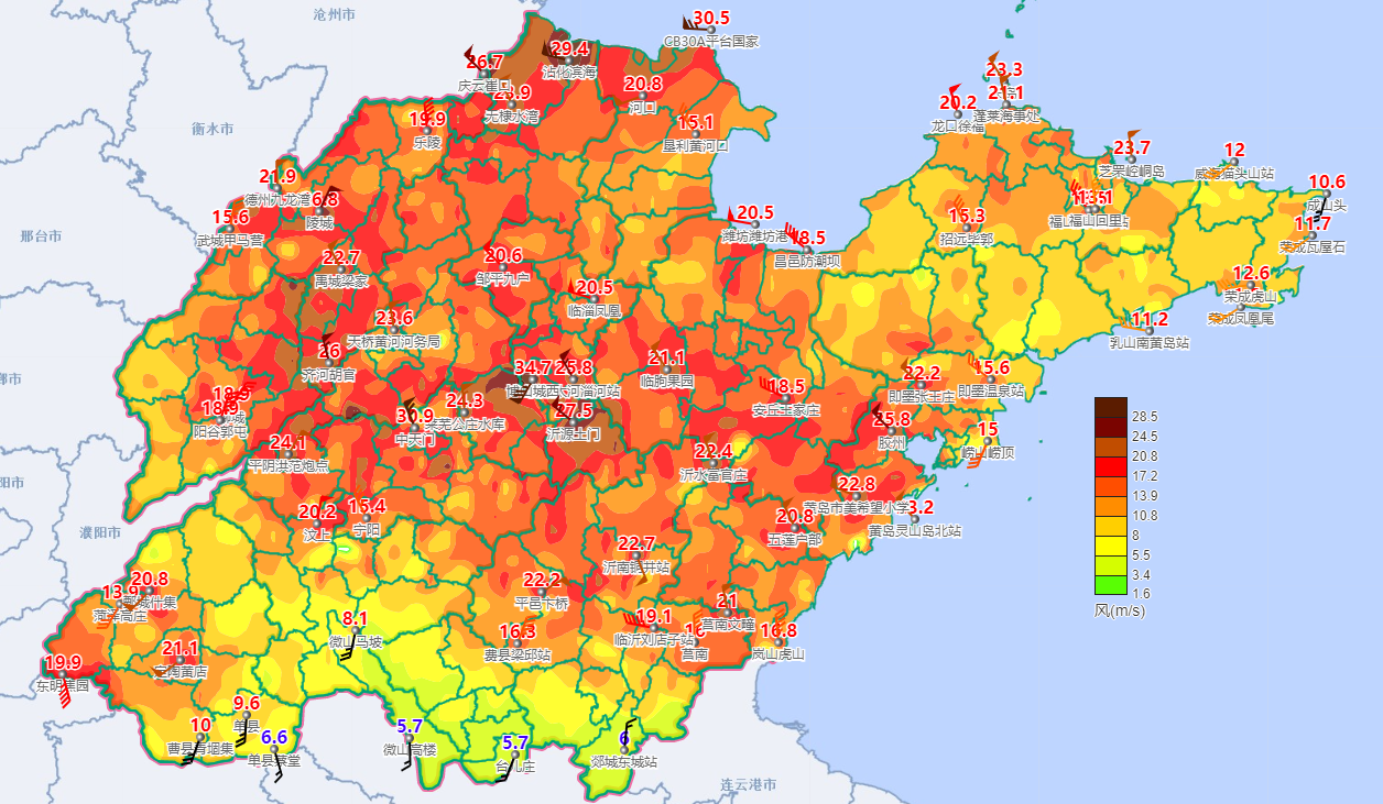 图1 7月31日22-8月1日05时雷雨大风风速分布图