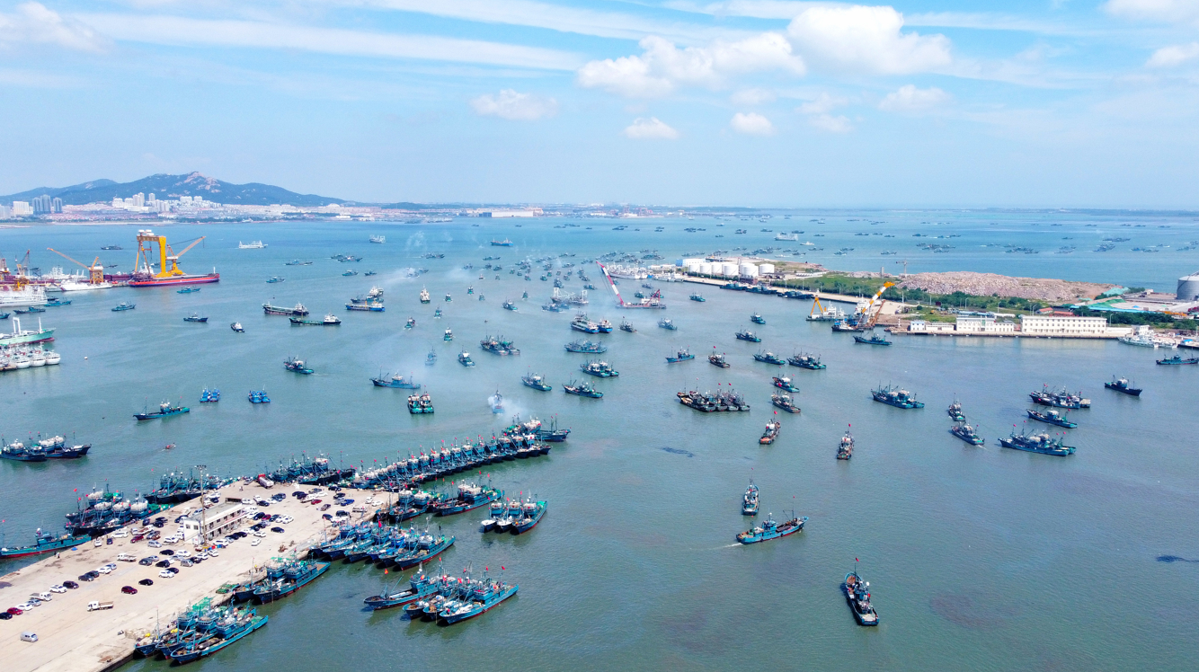 图/9月1日12点,山东省荣成市石岛渔港,渔民们陆续出港撒下"开海"第一