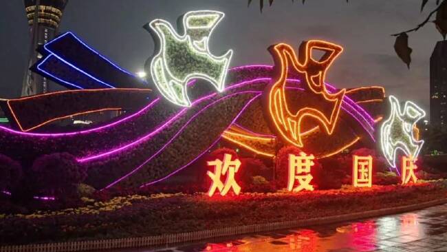 “各色花卉”搭配“五彩灯带” 国庆节日景观亮相潍坊街头