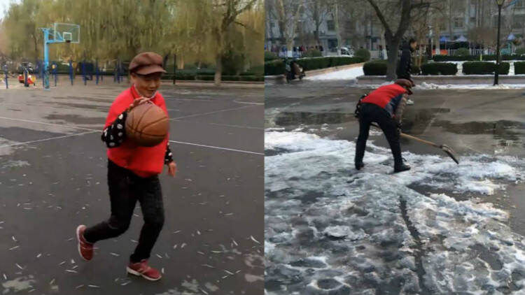 49秒丨点赞！淄博73岁篮球奶奶球场上除冰 方便大家快乐自己