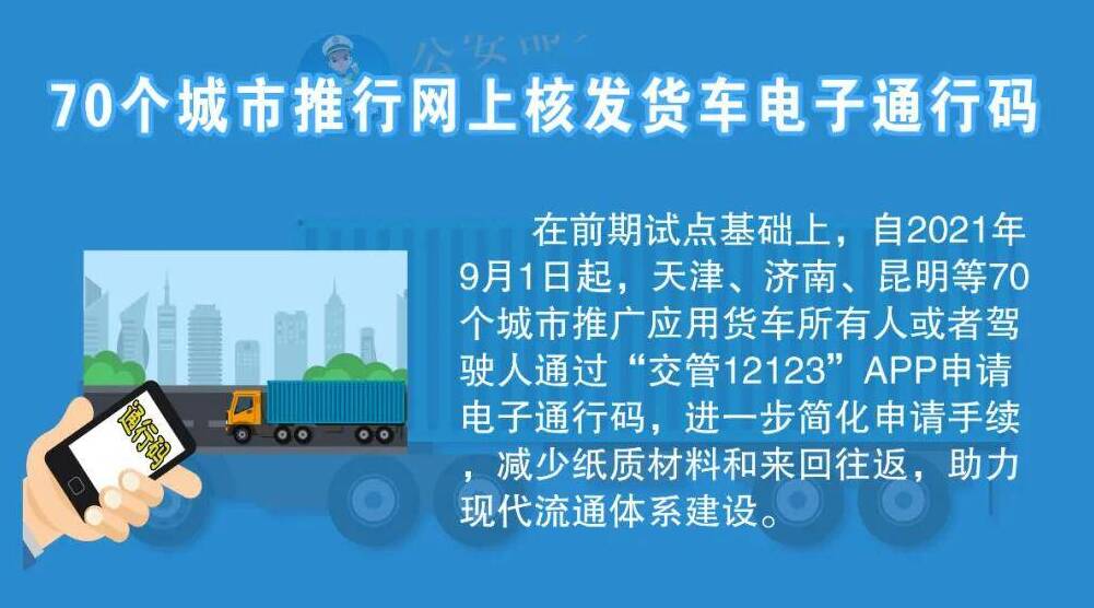 9月1日起，济南、青岛两地可应用“交管12123”APP核发货车电子通行码