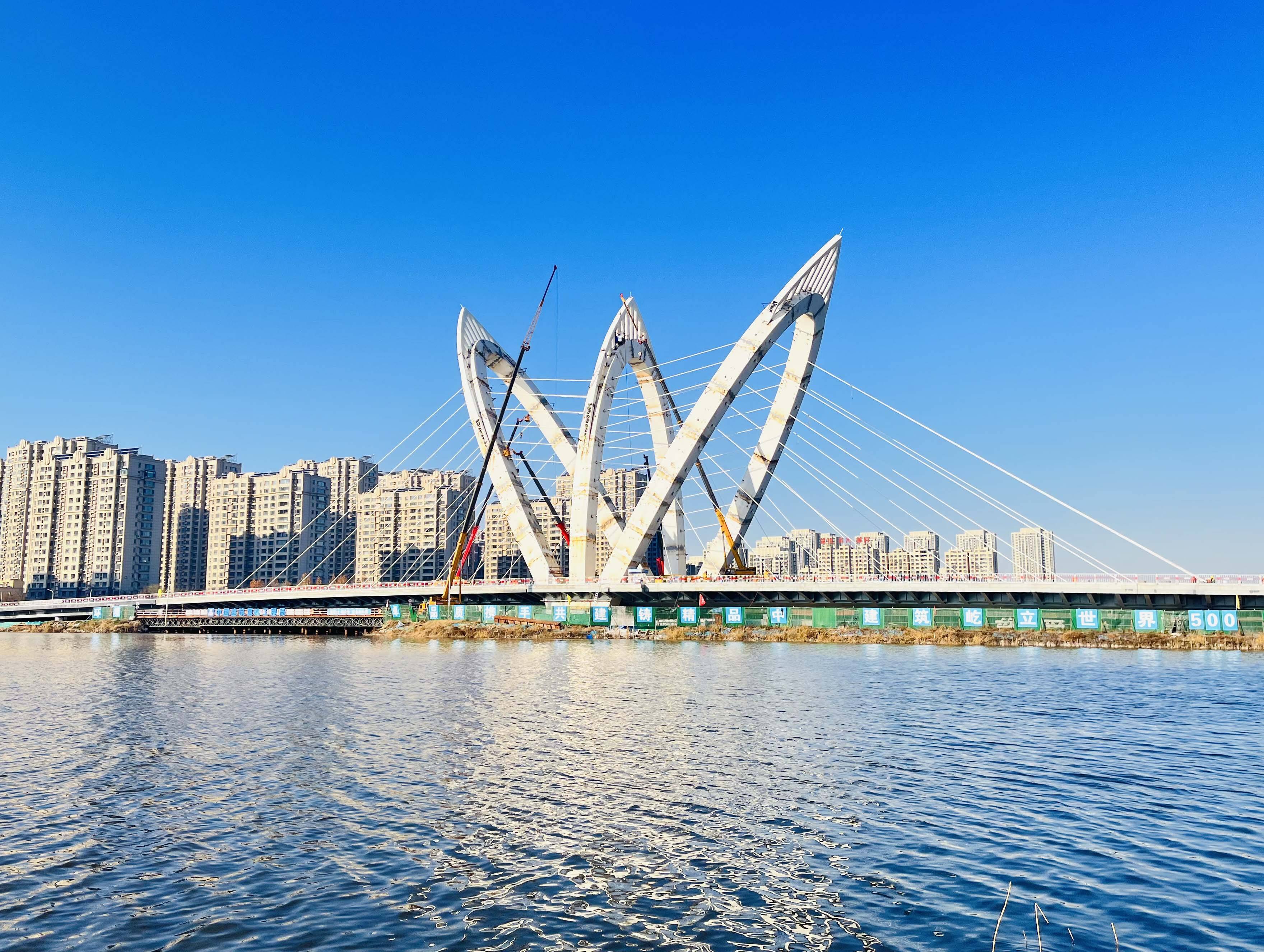 聊城兴华路跨徒骇河大桥主体完工 系国内首座千吨级碳纤维斜拉索车行桥
