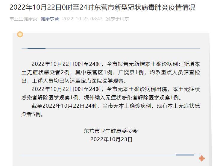 2022年10月22日0时至24时东营市新型冠状病毒肺炎疫情情况