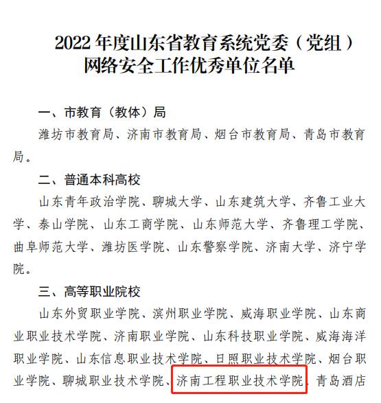 济南工程职业技术学院获评2022年度山东省教育系统党委（党组）网络安全工作优秀单位