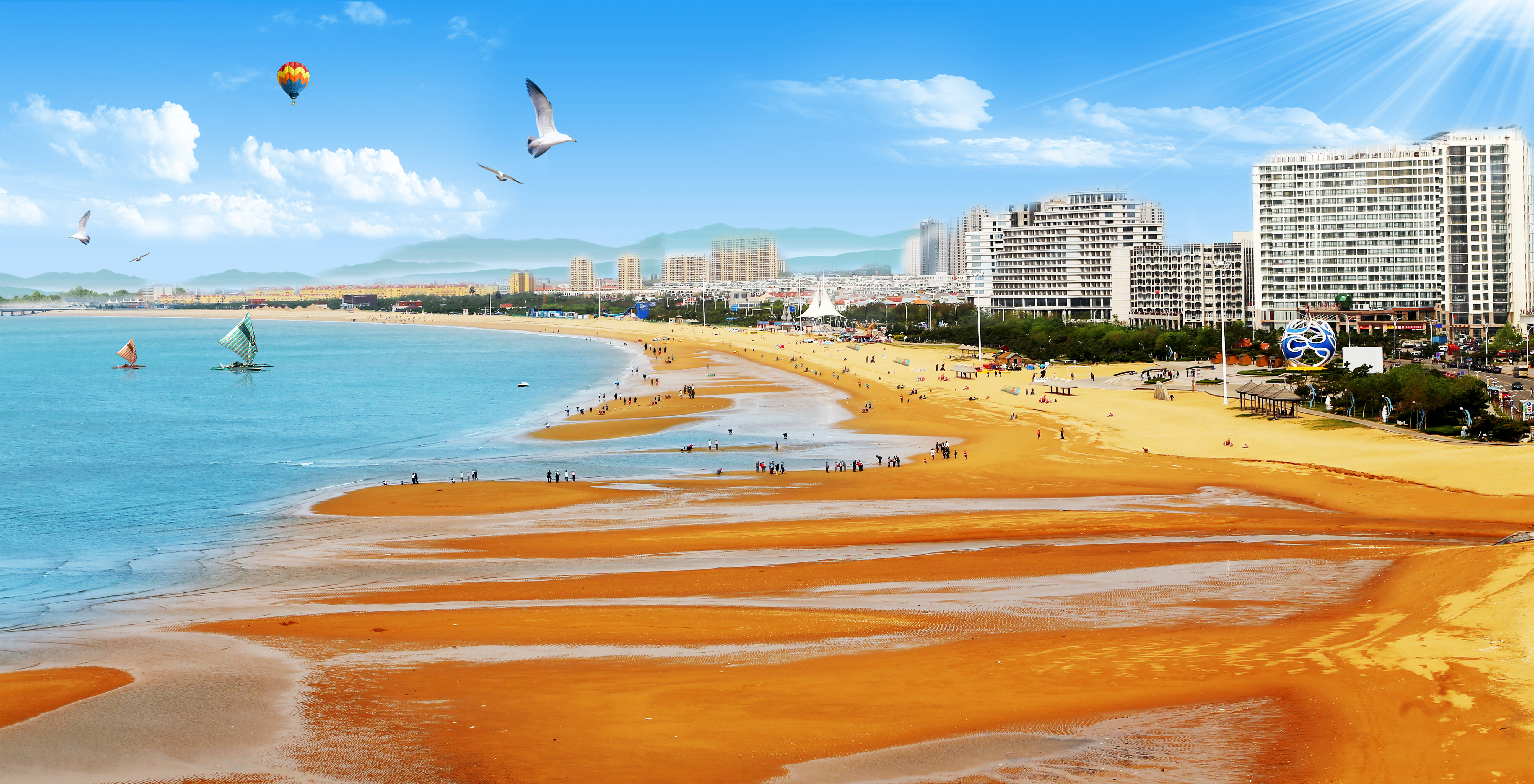 万米金滩度假区内旅游资源极为丰富,这里有万米海滩浴场,中国北方最大