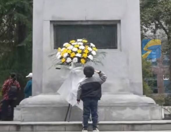 男孩到烈士纪念碑 上台阶“给叔叔敬礼”