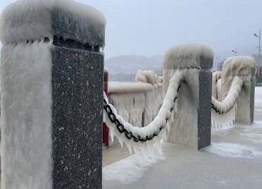威海海边护栏冰凌如柱 冬日氛围宛若“冰河世纪”