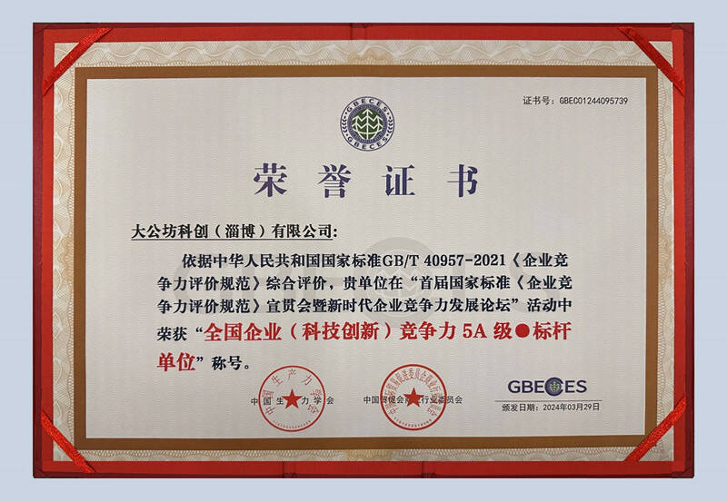 大公坊科创（淄博）有限公司荣获全国企业（科技创新）竞争力5A·标杆单位