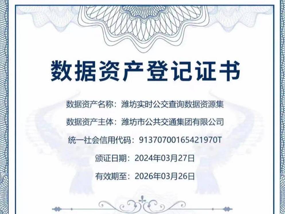 潍坊市颁发首张数据资产登记证书并完成数据资产入表