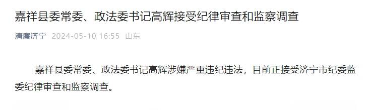 嘉祥县委常委,政法委书记高辉接受纪律审查和监察调查