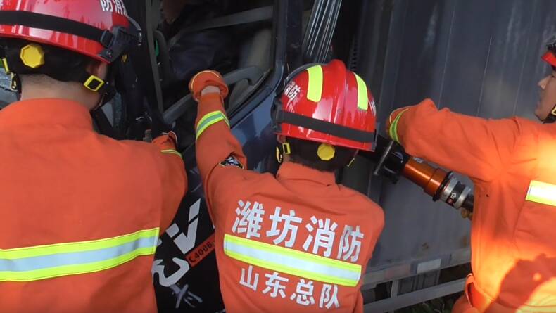潍坊：“老头乐”突然变道致货车撞上大树 消防紧急救援