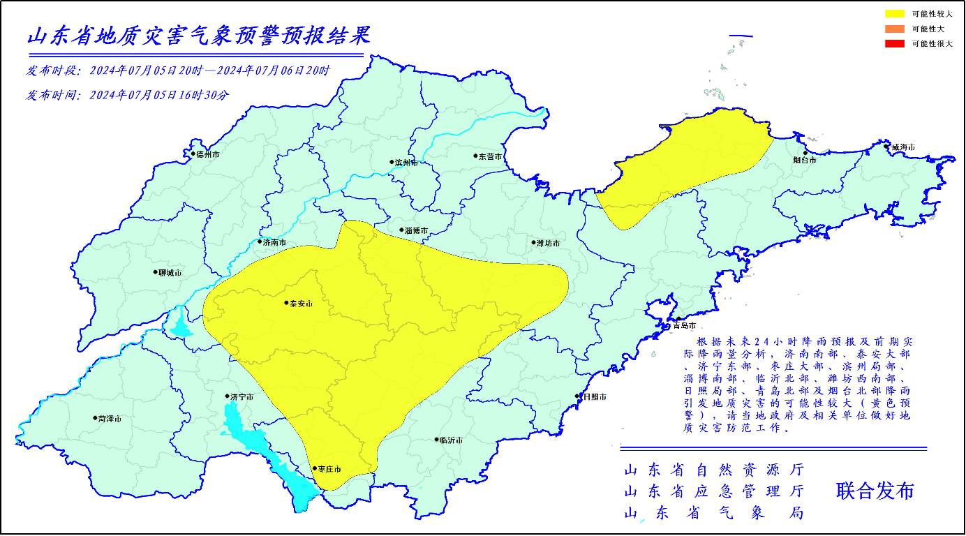 濟南、泰安、濟寧、棗莊、濱州、淄博、臨沂、濰坊、日照、青島、煙臺降雨引發地質災害的可能性較大