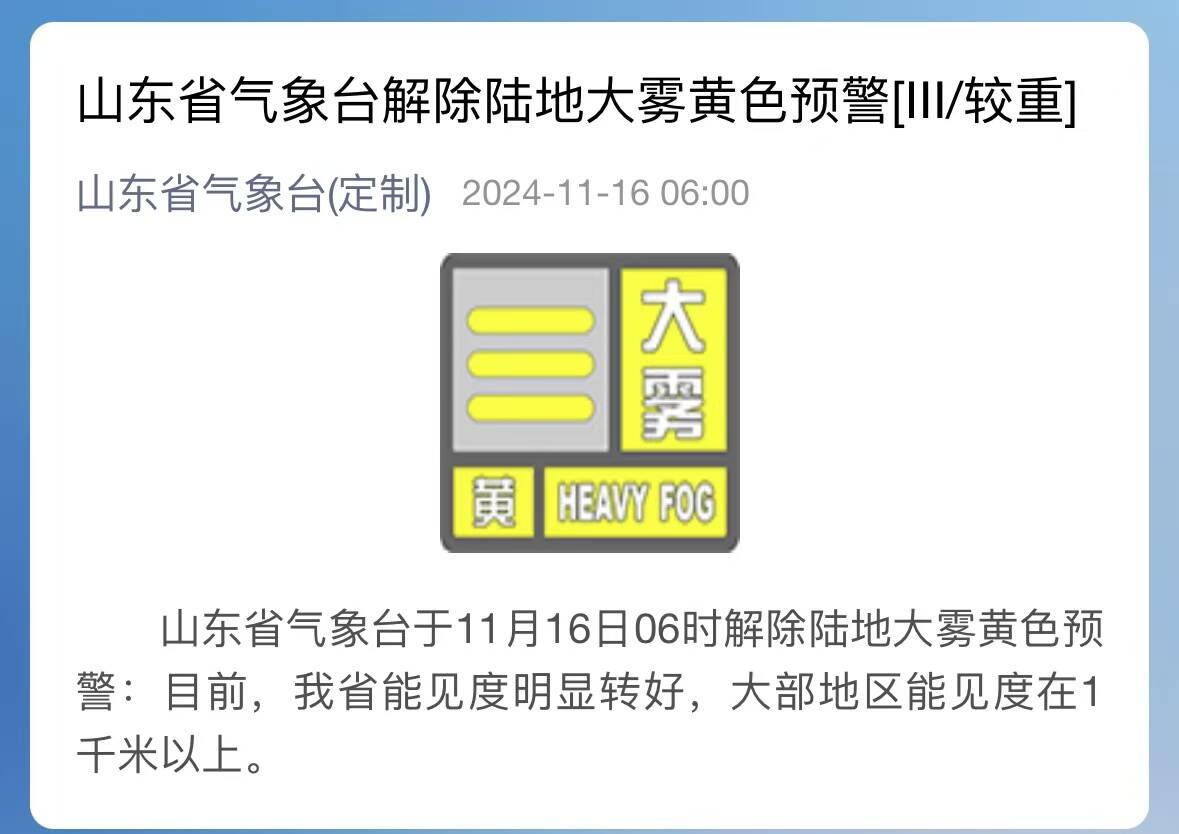 省氣象臺16日6時解除陸地大霧黃色預警 繼續發布寒潮藍色預警