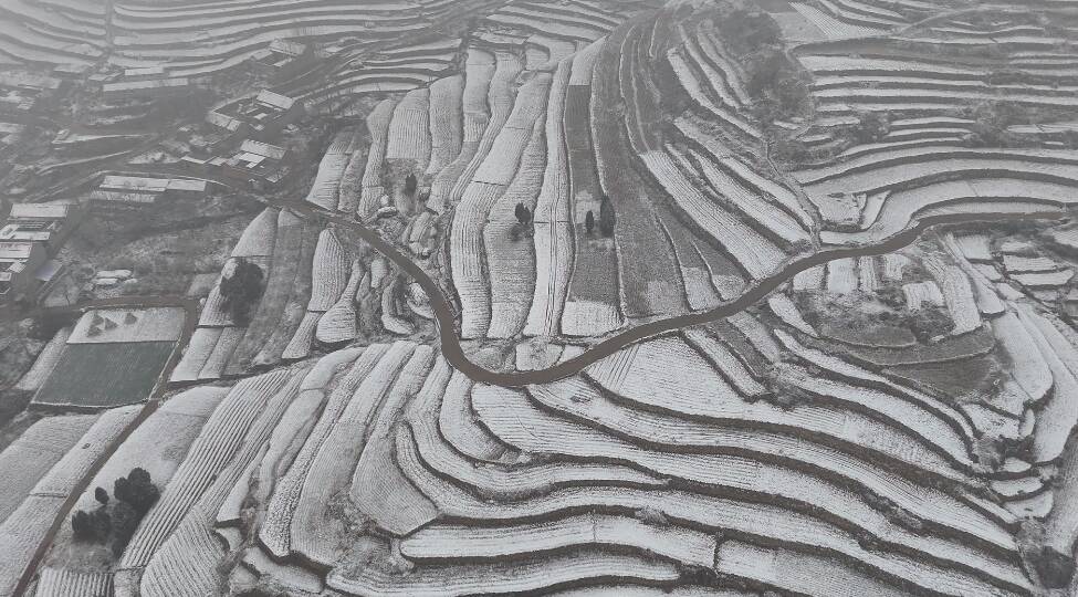 雪后 日照莒县龙山梯田勾勒出银白轮廓