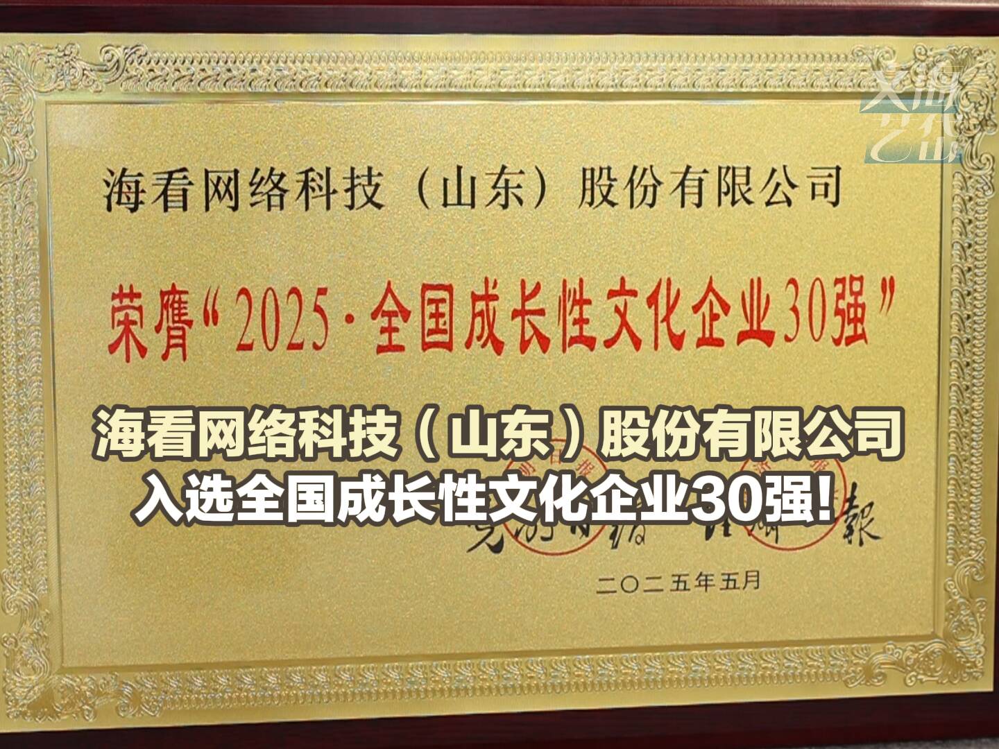 海看網(wǎng)絡科技（山東）股份有限公司入選2025全國成長性文化企業(yè)30強