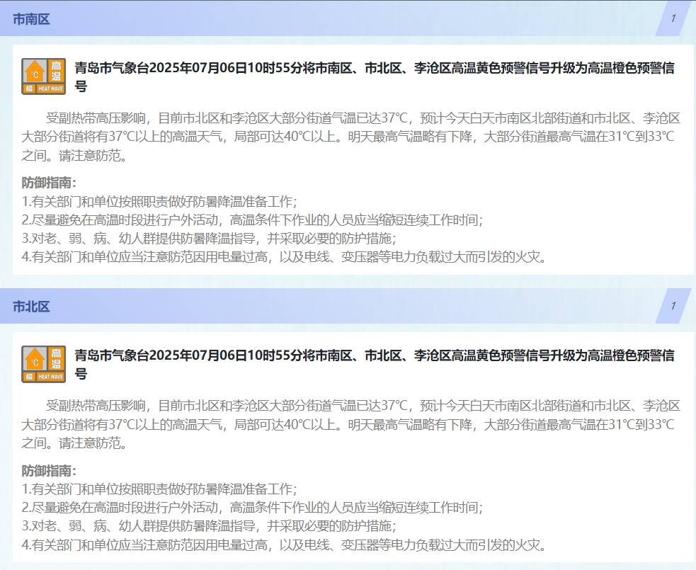 青岛多个区市发布高温预警 注意防暑降温