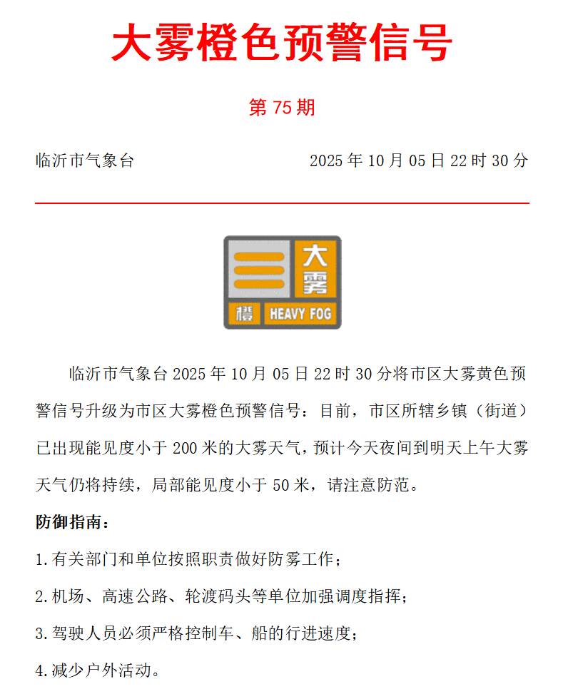刚刚!临沂发布市区大雾橙色预警信号