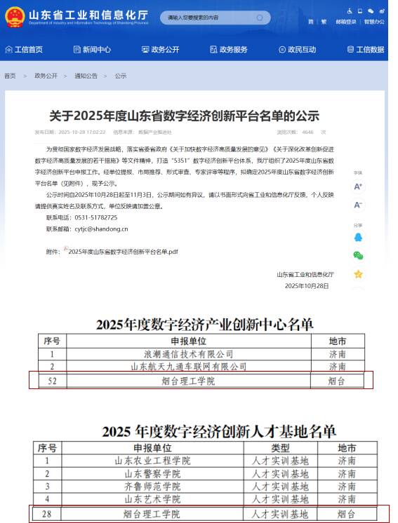 烟台理工学院获批2个山东省数字经济创新平台