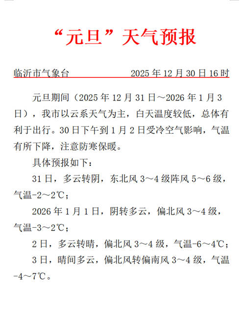 临沂元旦天气预报出炉：以云系天气为主 白天温度较低出行需保暖