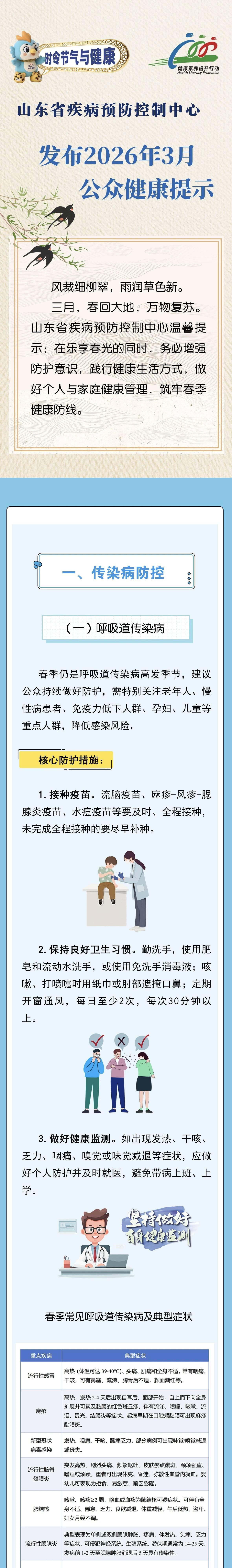 山东省疾病预防控制中心发布2026年3月公众健康提示