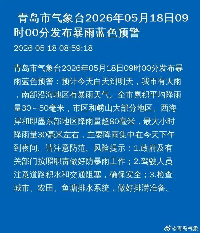 青岛发布暴雨蓝色预警 预计最大降雨量超80毫米