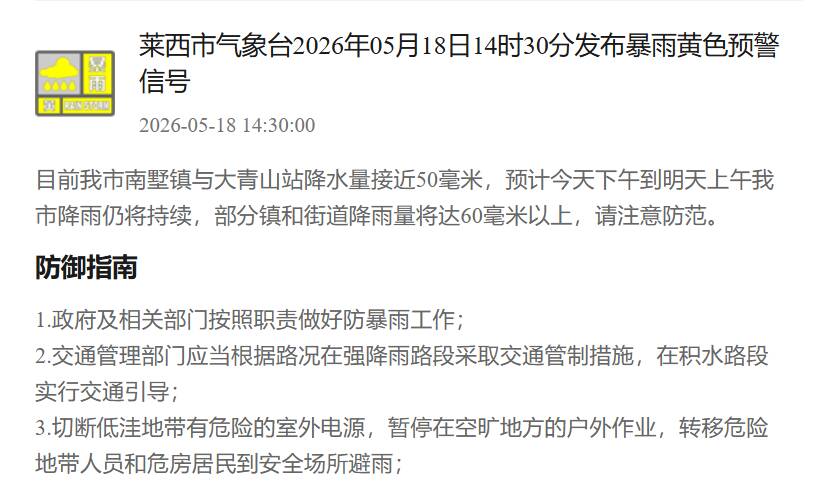 注意!莱西市气象台发布暴雨黄色预警信号