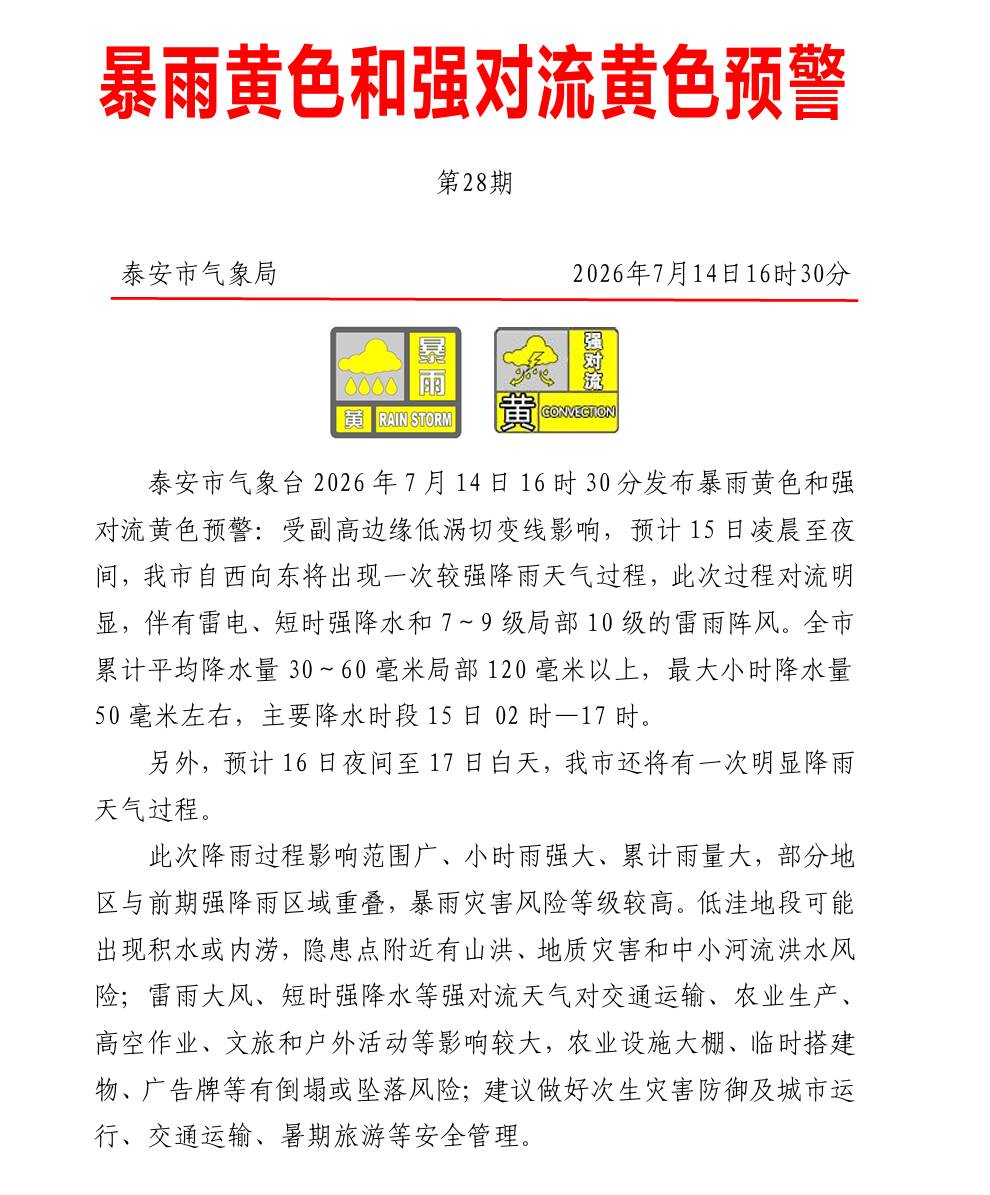 泰安市发布暴雨黄色和强对流黄色预警