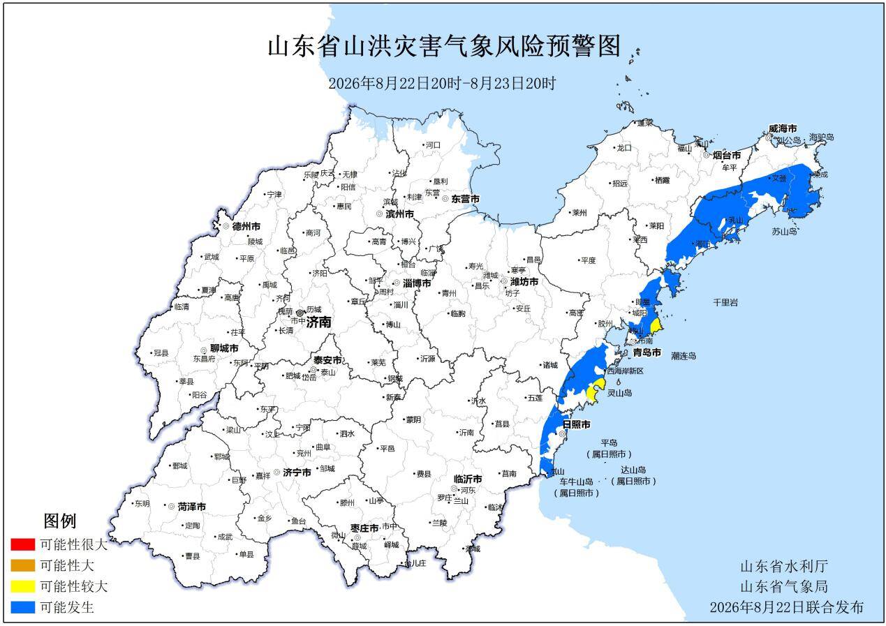 预警！青岛、烟台、潍坊、威海、日照等市局地可能发生山洪灾害
