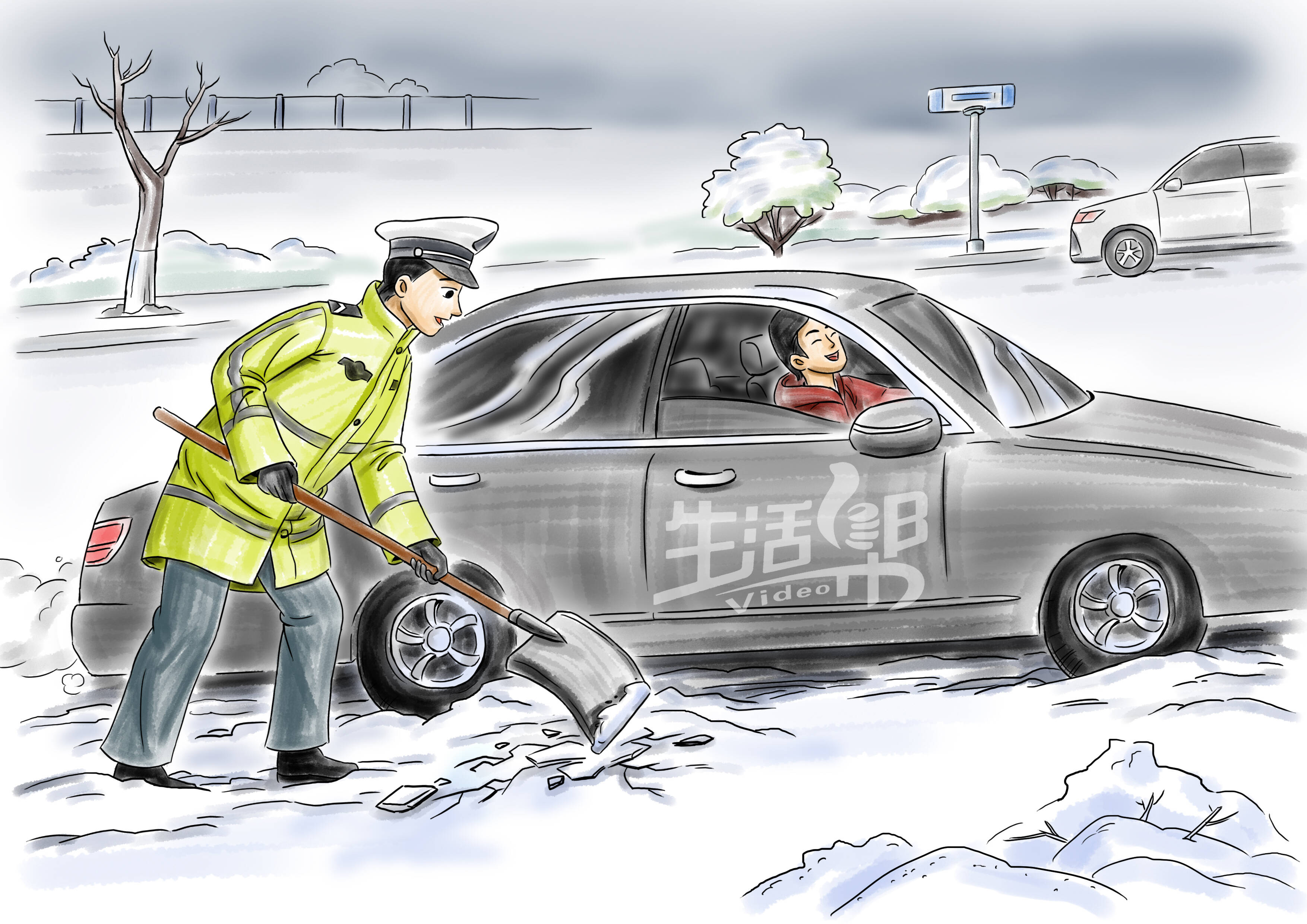 闪电号>专栏>生活帮>在青岛,交警拿铁锹在上坡路段给小车挨个铲雪,边