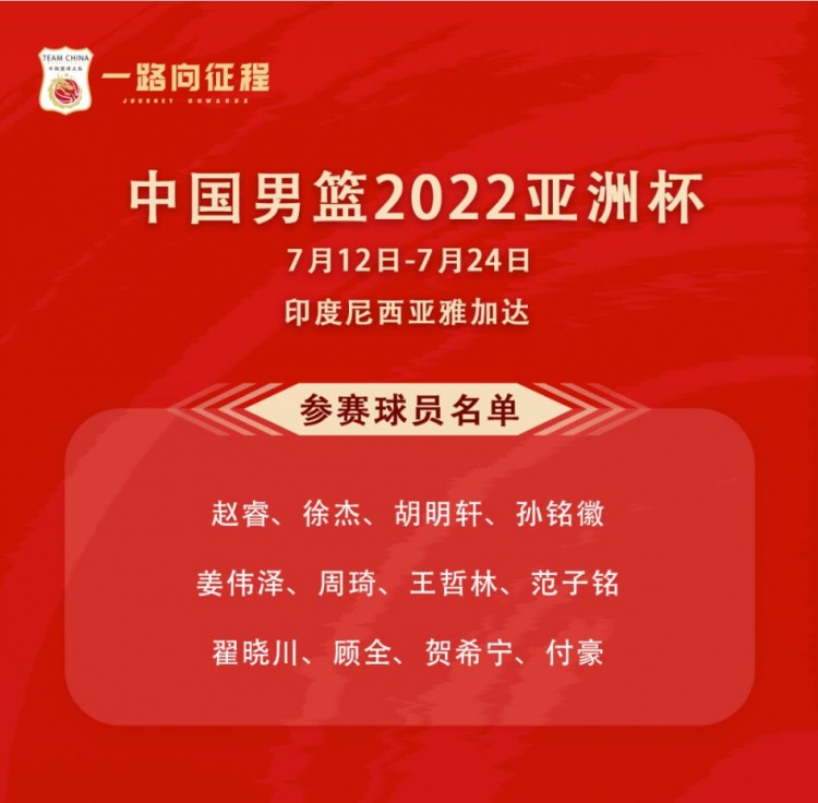 中国男篮亚洲杯12人大名单：周琦领衔 郭艾伦缺阵