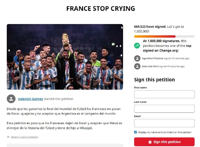 球迷的“法国停止哭泣”请愿已超66万人签署